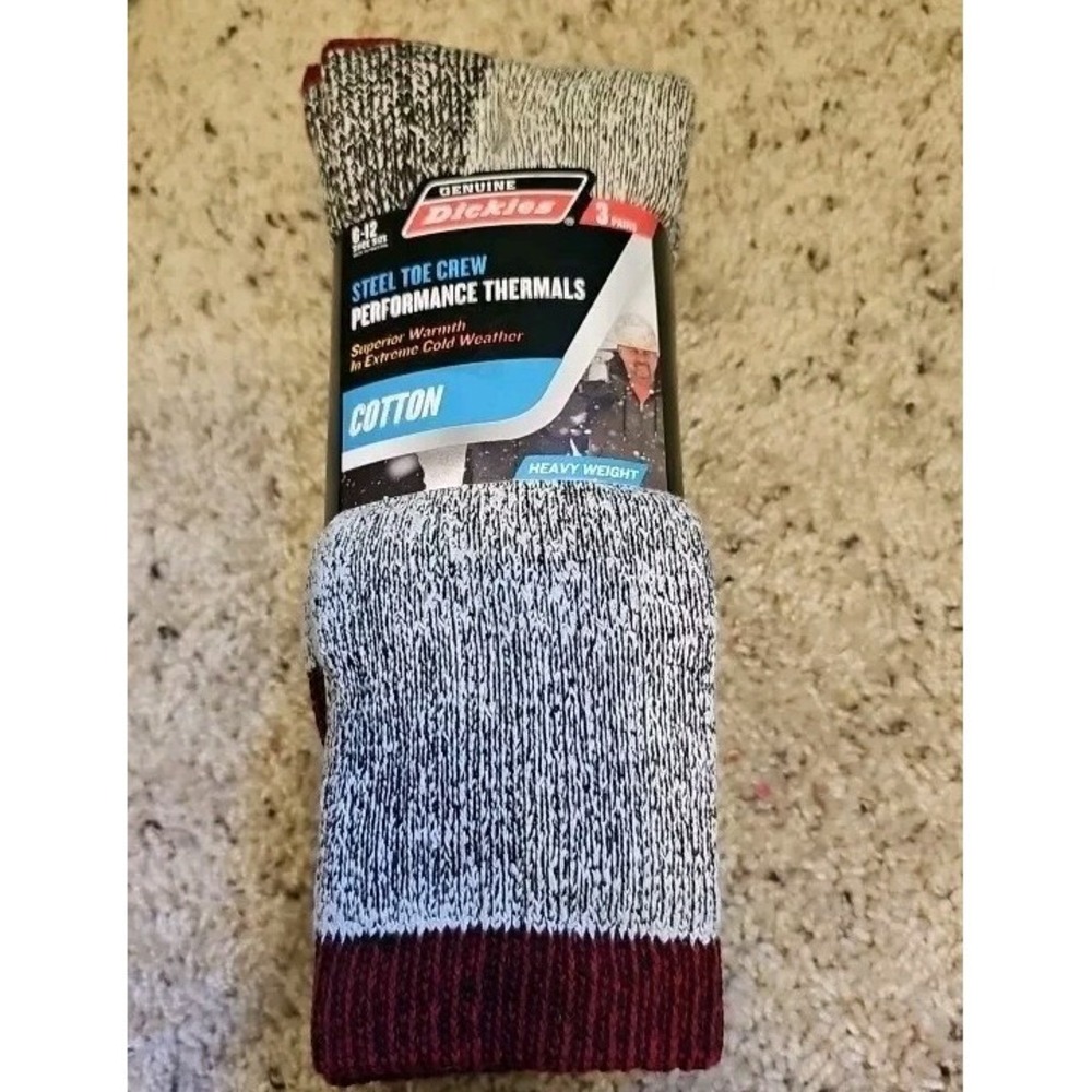 Dickies Thermal Steel Toe Crew Socks 3 pairs Cotton Size 6-12 Red/Grey